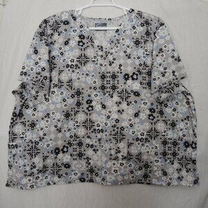 Butter Soft Scrub Top V-Neck 2 Pockets Gray Floral Geometric Women's Plus Sz 4X